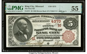 image for: King City, MO - $5 1882 Brown Back Fr. 471 The First National Bank Ch. # (M)4373 PMG About Uncirculated 55....