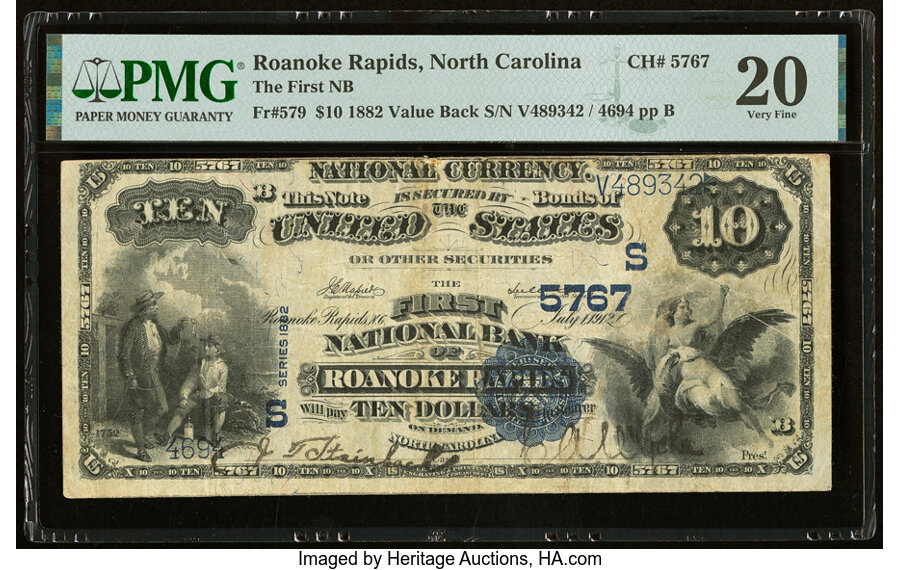 image for: Roanoke Rapids, NC - $10 1882 Value Back Fr. 579 The First National Bank Ch. # (S)5767 PMG Very Fine 20....