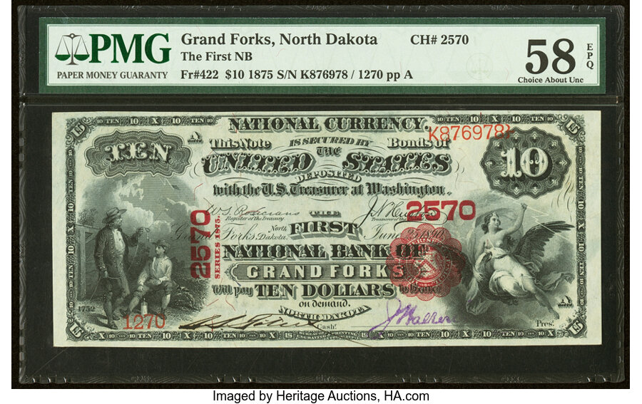image for: Grand Forks, ND - $10 1875 Fr. 422 The First National Bank Ch. # 2570 PMG Choice About Unc 58 EPQ....
