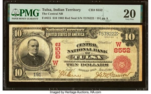 image for: Tulsa, Indian Territory - $10 1902 Red Seal Fr. 615 The Central National Bank Ch. # (W)8552 PMG Very Fine 20....