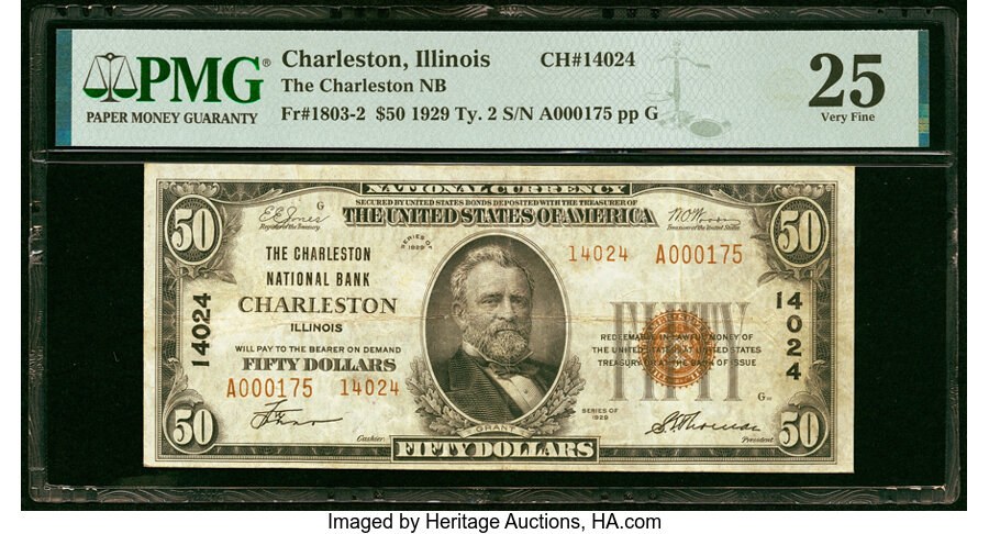 image for: Charleston, IL - $50 1929 Ty. 2 The Charleston National Bank Ch. # 14024 PMG Very Fine 25....