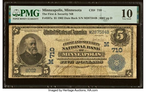 image for: Minneapolis, MN - $5 1902 Date Back Fr. 597a The First & Security National Bank Ch. # (M)710 PMG Very Good 10....