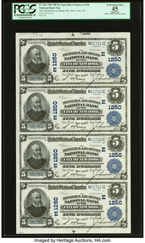 image for: New York, NY - $5-$5-$5-$5 1902 Plain Back Fr. 601 The Mechanics & Metals National Bank Ch. # (E)1250 Uncut Sheet PCGS Apparen...