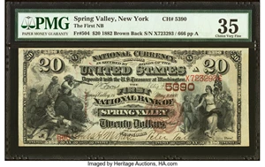 image for: Spring Valley, NY - $20 1882 Brown Back Fr. 504 The First National Bank Ch. # 5390 PMG Choice Very Fine 35....
