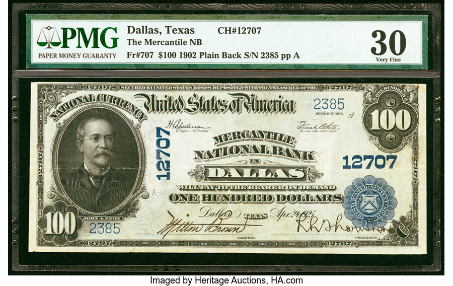 image for: Dallas, TX - $100 1902 Plain Back Fr. 707 The Mercantile National Bank Ch. # 12707 PMG Very Fine 30....