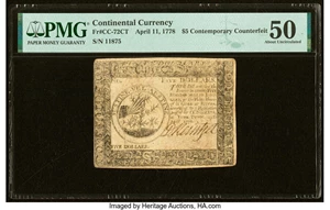 image for: Continental Currency April 11, 1778 $5 Contemporary Counterfeit PMG About Uncirculated 50....