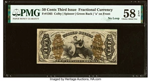 image for: No Loop Variety Fr. 1365 Milton 3R50.10j 50¢ Third Issue Justice PMG Choice About Unc 58 EPQ....
