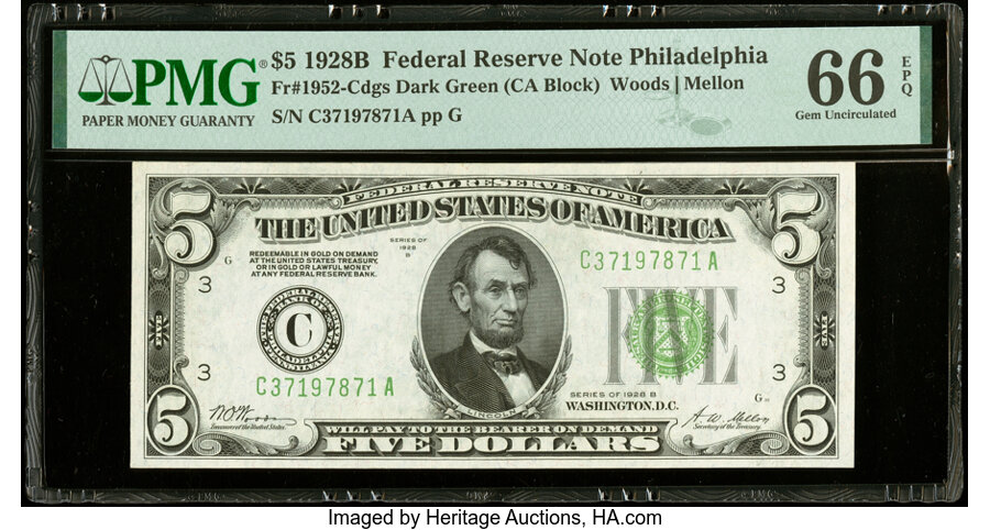image for: Fr. 1952-C $5 1928B Federal Reserve Note. PMG Gem Uncirculated 66 EPQ....