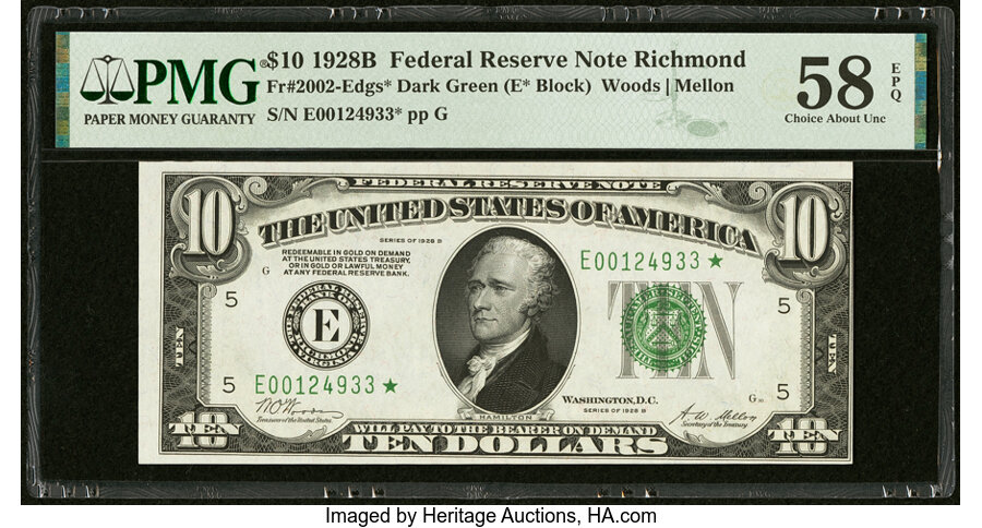 image for: Fr. 2002-E* $10 1928B Federal Reserve Star Note. PMG Choice About Unc 58 EPQ....
