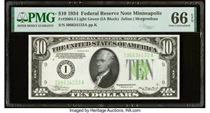 image for: Fr. 2004-I $10 1934 Light Green Seal Federal Reserve Note. PMG Gem Uncirculated 66 EPQ....