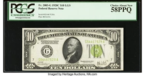 image for: Fr. 2003-G $10 1928C Light Green Seal Federal Reserve Note. PCGS Choice About New 58PPQ....
