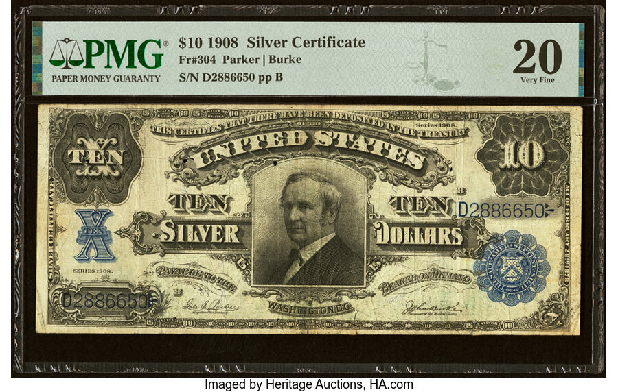 image for: Fr. 304 $10 1908 Silver Certificate PMG Very Fine 20....