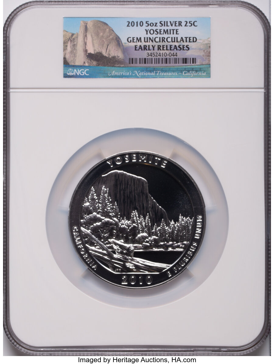 image for: 2010 25C Yosemite Five Ounce Silver, Early Releases, Gem Uncirculated NGC. America's National Treasures - California....