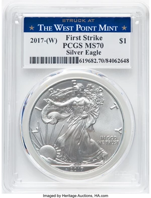 image for: 2017-W $1 One-Ounce Silver Eagle, Struck at The West Point Mint, First Strike MS70 PCGS....