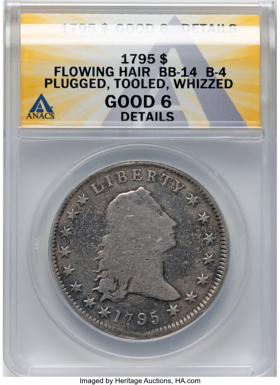 image for: 1795 $1 Flowing Hair, Two Leaves, B-4, BB-14, R.4 -- Plugged, Tooled, Whizzed -- ANACS Details. Good 6.  Mintage 160,295....