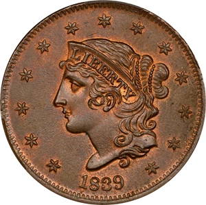 image for: 1839 Modified Matron Head Cent. N-13. Rarity-2. Booby Head. MS-66+ RB (CACG).