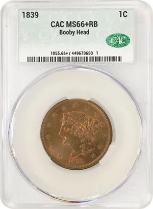 image for: 1839 Modified Matron Head Cent. N-13. Rarity-2. Booby Head. MS-66+ RB (CACG).