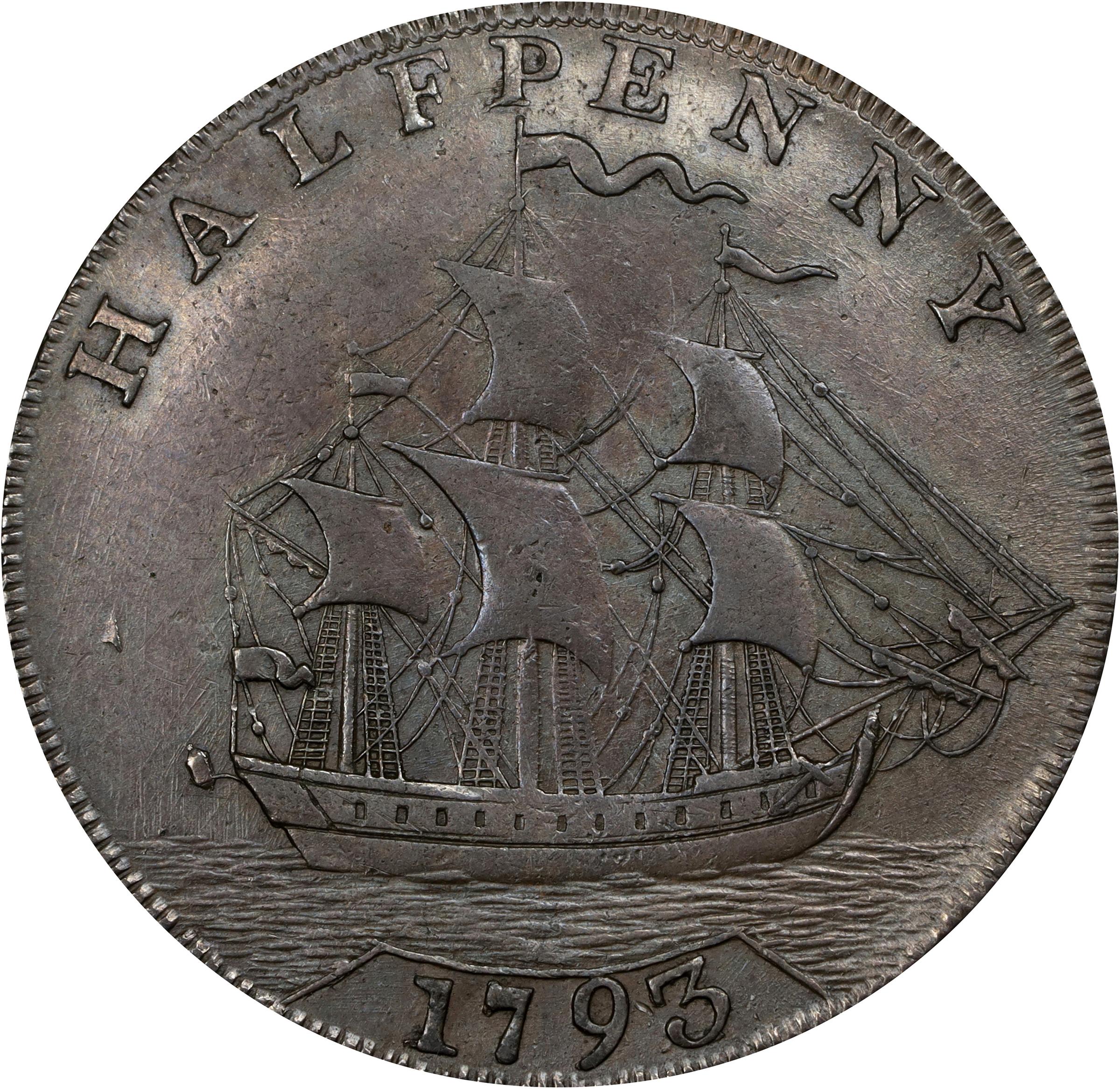 image for: 1793/2 Washington Ship Halfpenny. Musante GW-20, Baker-18, W-10855. Copper. Lettered Edge. AU-58 (PCGS).