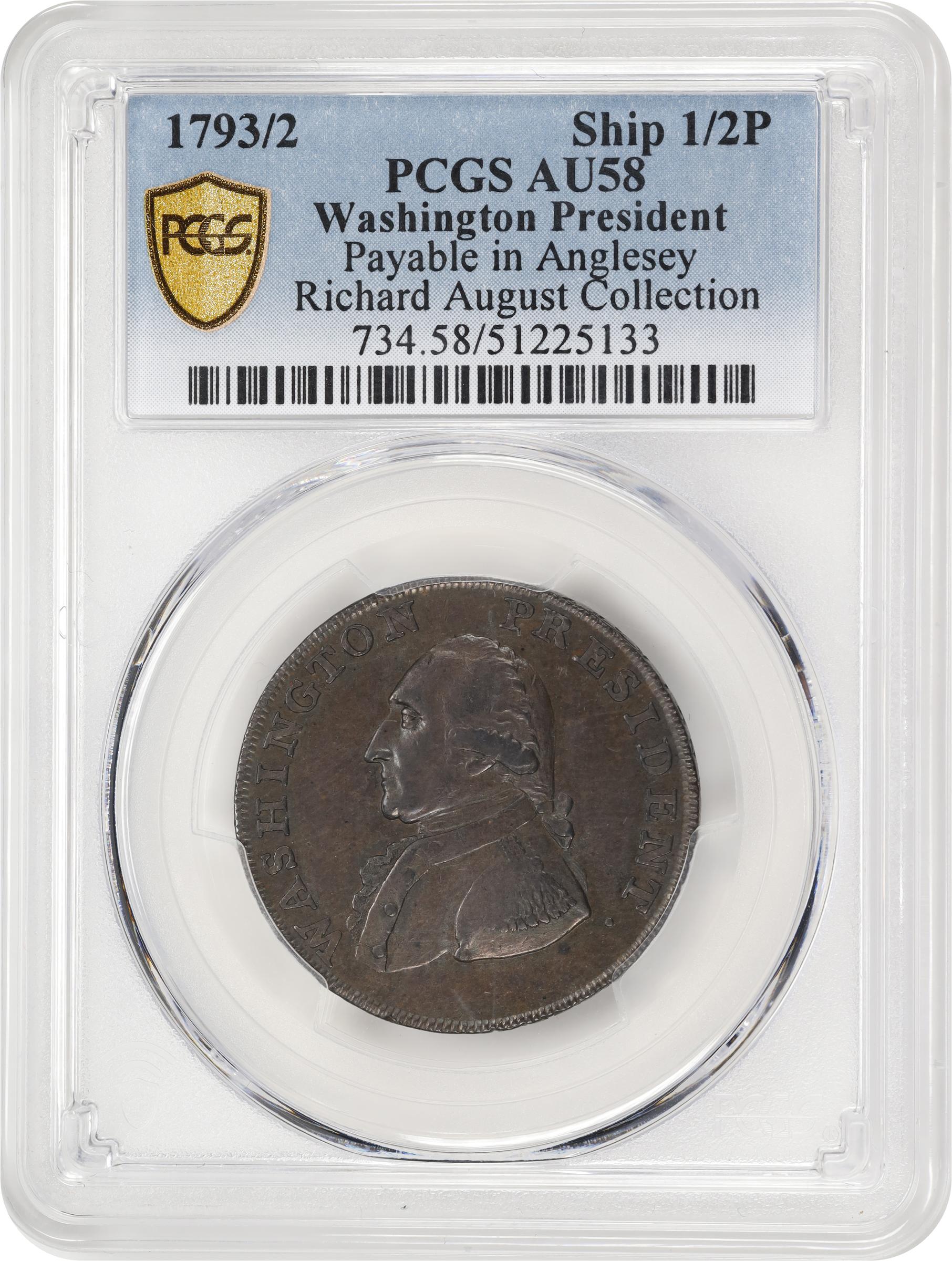 image for: 1793/2 Washington Ship Halfpenny. Musante GW-20, Baker-18, W-10855. Copper. Lettered Edge. AU-58 (PCGS).