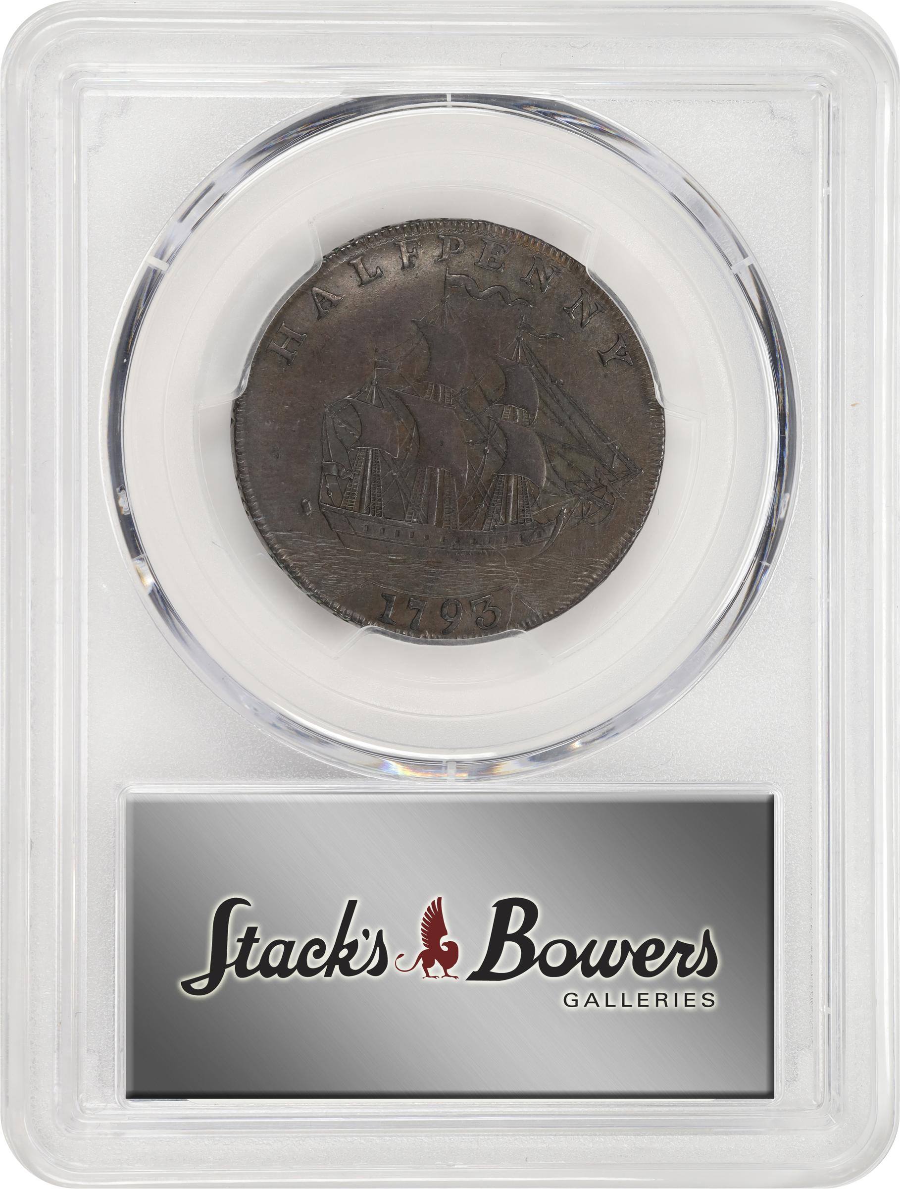 image for: 1793/2 Washington Ship Halfpenny. Musante GW-20, Baker-18, W-10855. Copper. Lettered Edge. AU-58 (PCGS).