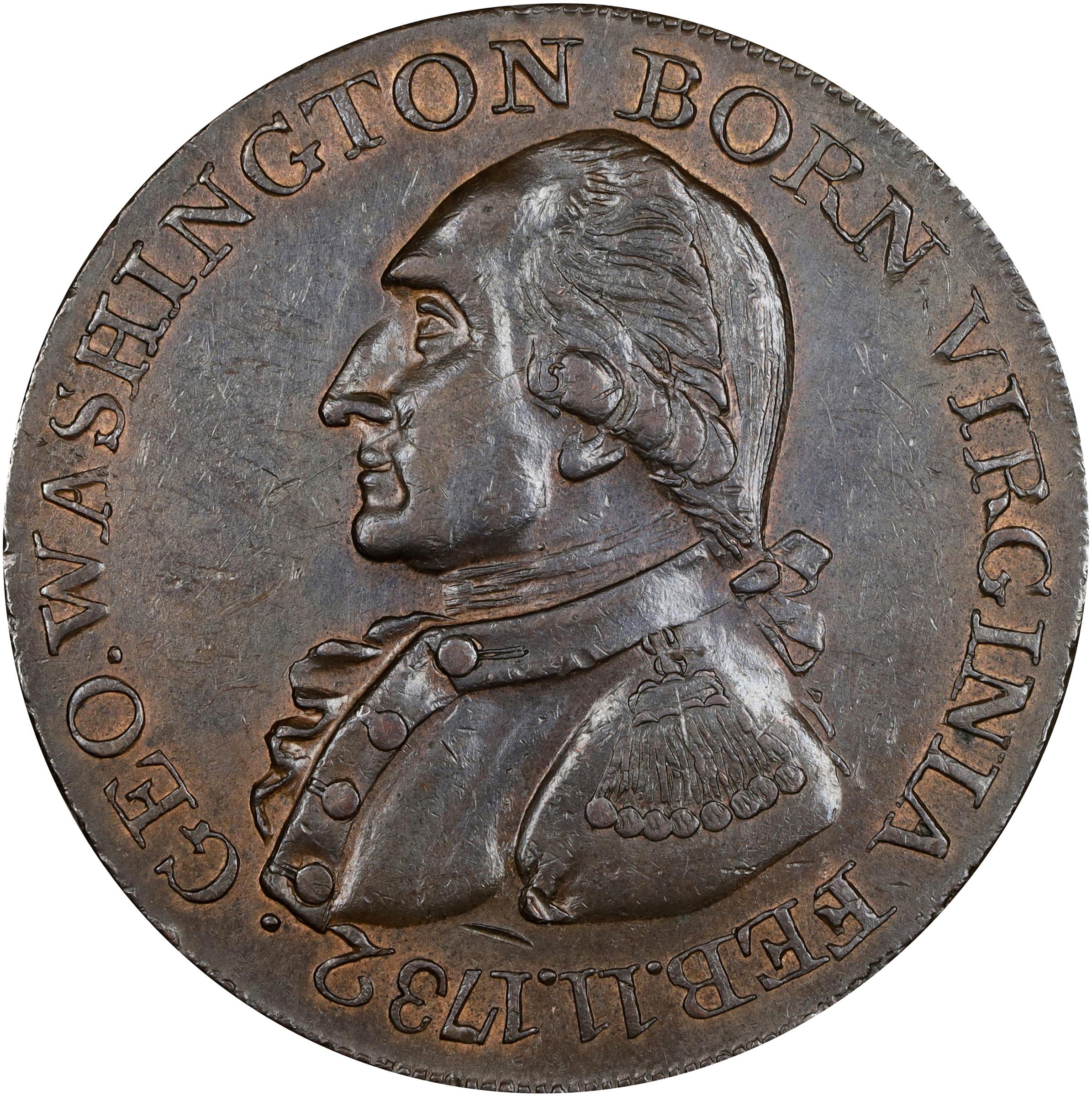 image for: "1789" (ca. 1792) Washington Born Virginia Copper. Legend Reverse. Musante GW-33, Baker-60, W-10730. Second Reverse. Copper. Plain Edge. AU-58 (PCGS).