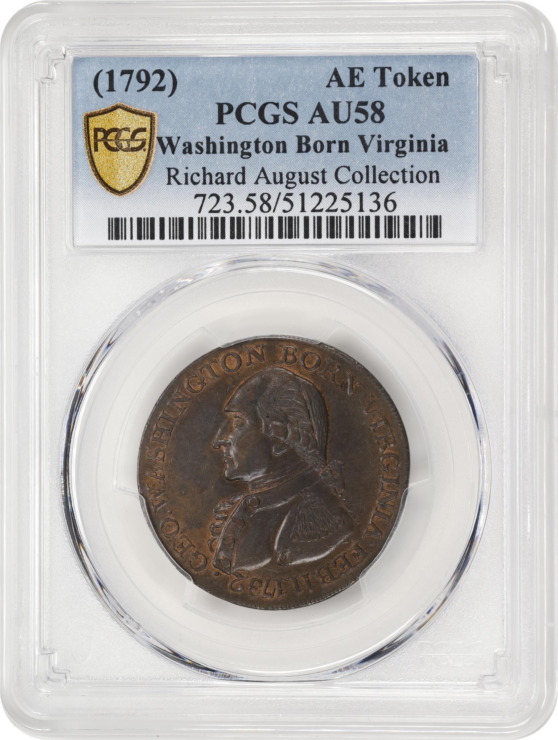 image for: "1789" (ca. 1792) Washington Born Virginia Copper. Legend Reverse. Musante GW-33, Baker-60, W-10730. Second Reverse. Copper. Plain Edge. AU-58 (PCGS).