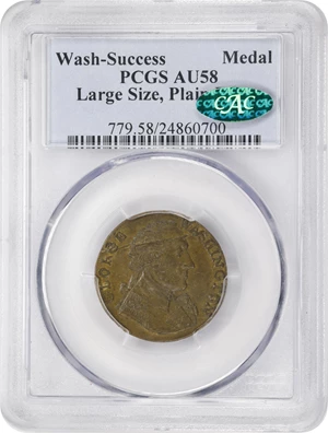 image for: Undated (ca. 1793) Washington Success Medal. Large Size. Musante GW-43, Baker-265, var., W-Unlisted. Third Die. Brass. Plain Edge. AU-58 (PCGS). CAC.