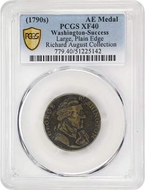 image for: Undated (ca. 1793) Washington Success Medal. Large Size. Musante GW-43, Baker-265, var., W-Unlisted. Third Die. Brass. Plain Edge. EF-40 (PCGS).