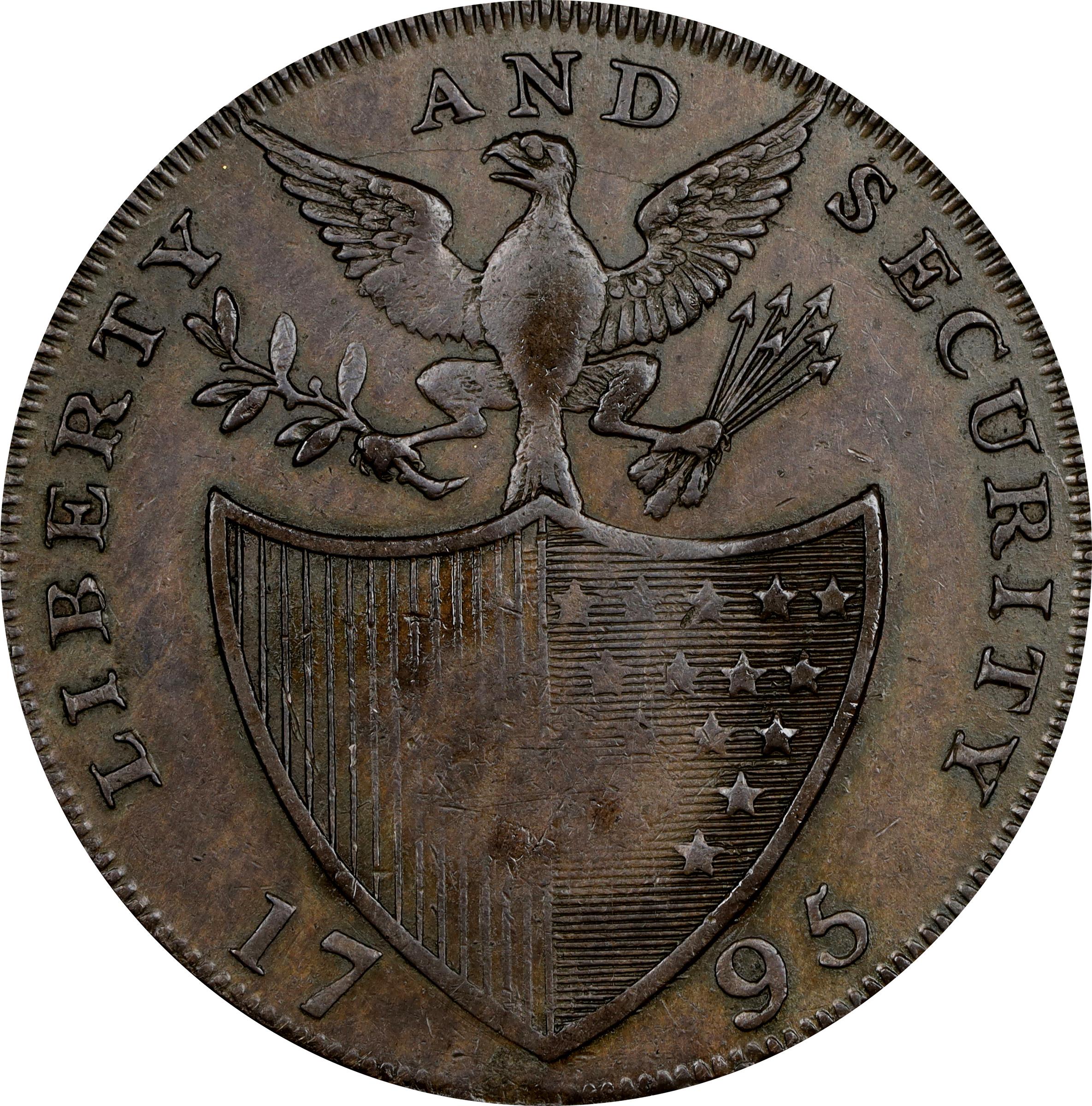 image for: 1795 Washington Liberty and Security Halfpenny. Musante GW-48, Baker-31, W-11015. Copper. LONDON Edge. AU-50 (PCGS).