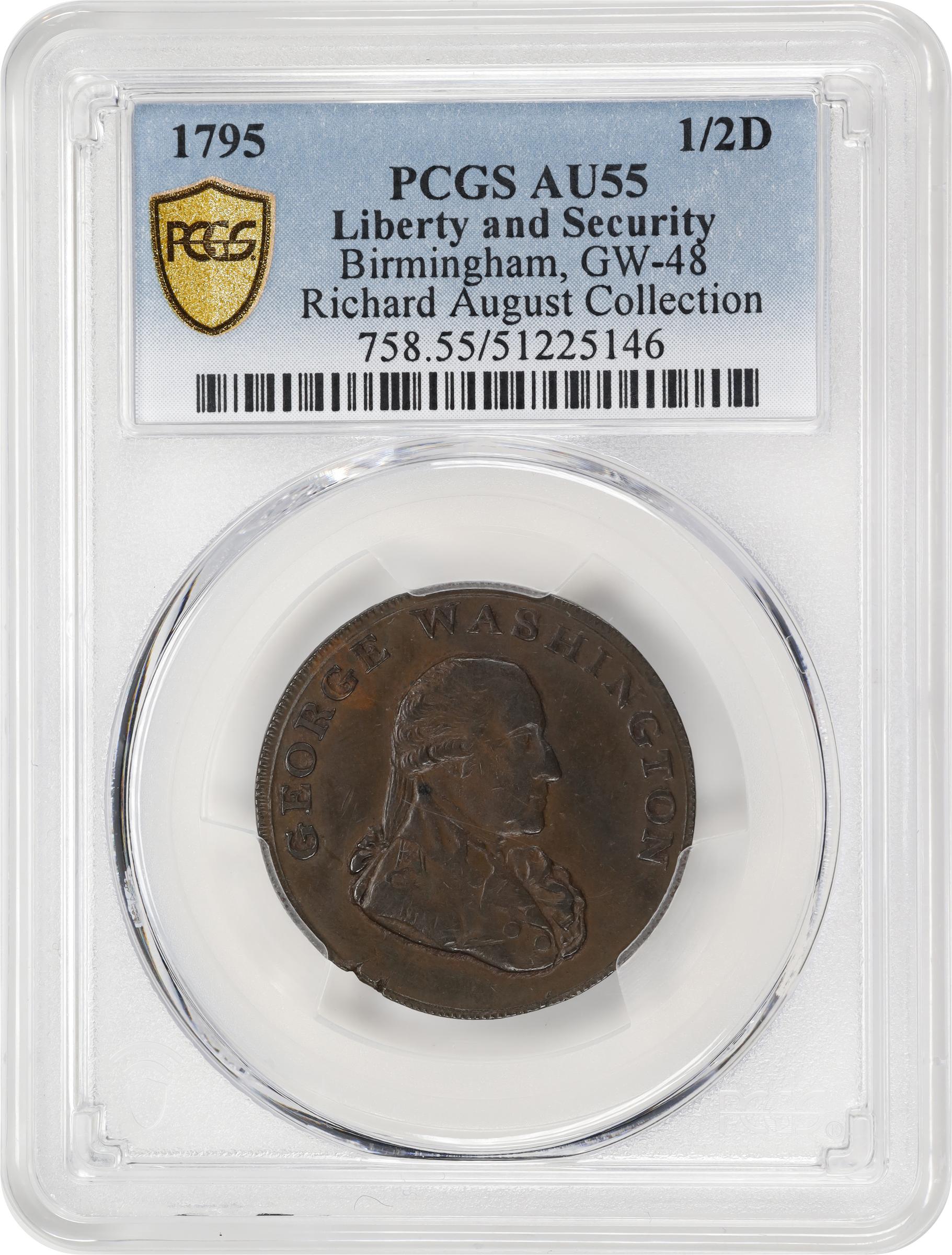 image for: 1795 Washington Liberty and Security Halfpenny. Musante GW-48, Baker-31B, W-11010. Copper. BIRMINGHAM Edge. AU-55 (PCGS).