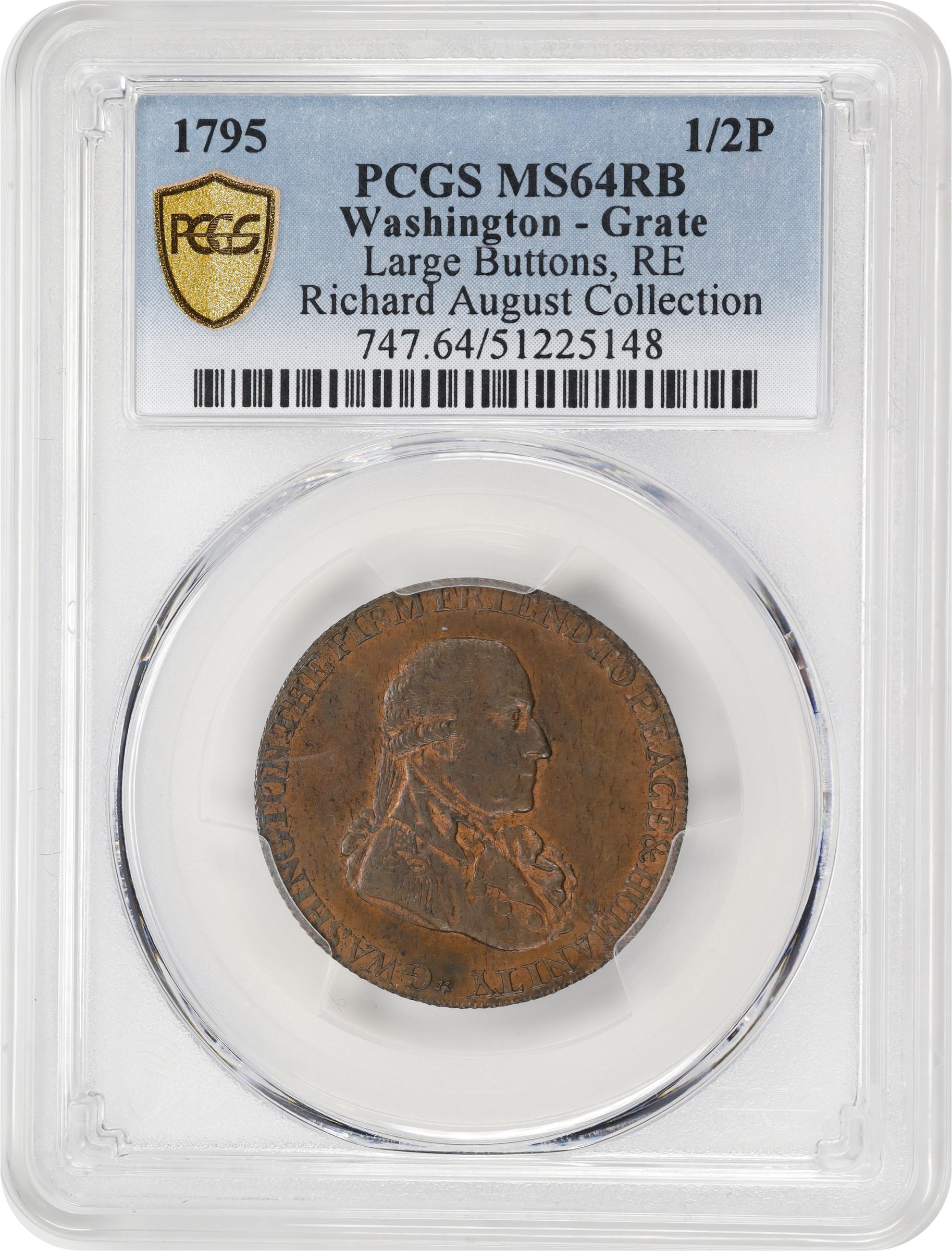 image for: 1795 Washington Grate Halfpenny. Musante GW-49, Baker-29B, W-10955. Large Buttons. Copper. Diagonally Reeded Edge. MS-64 RB (PCGS).