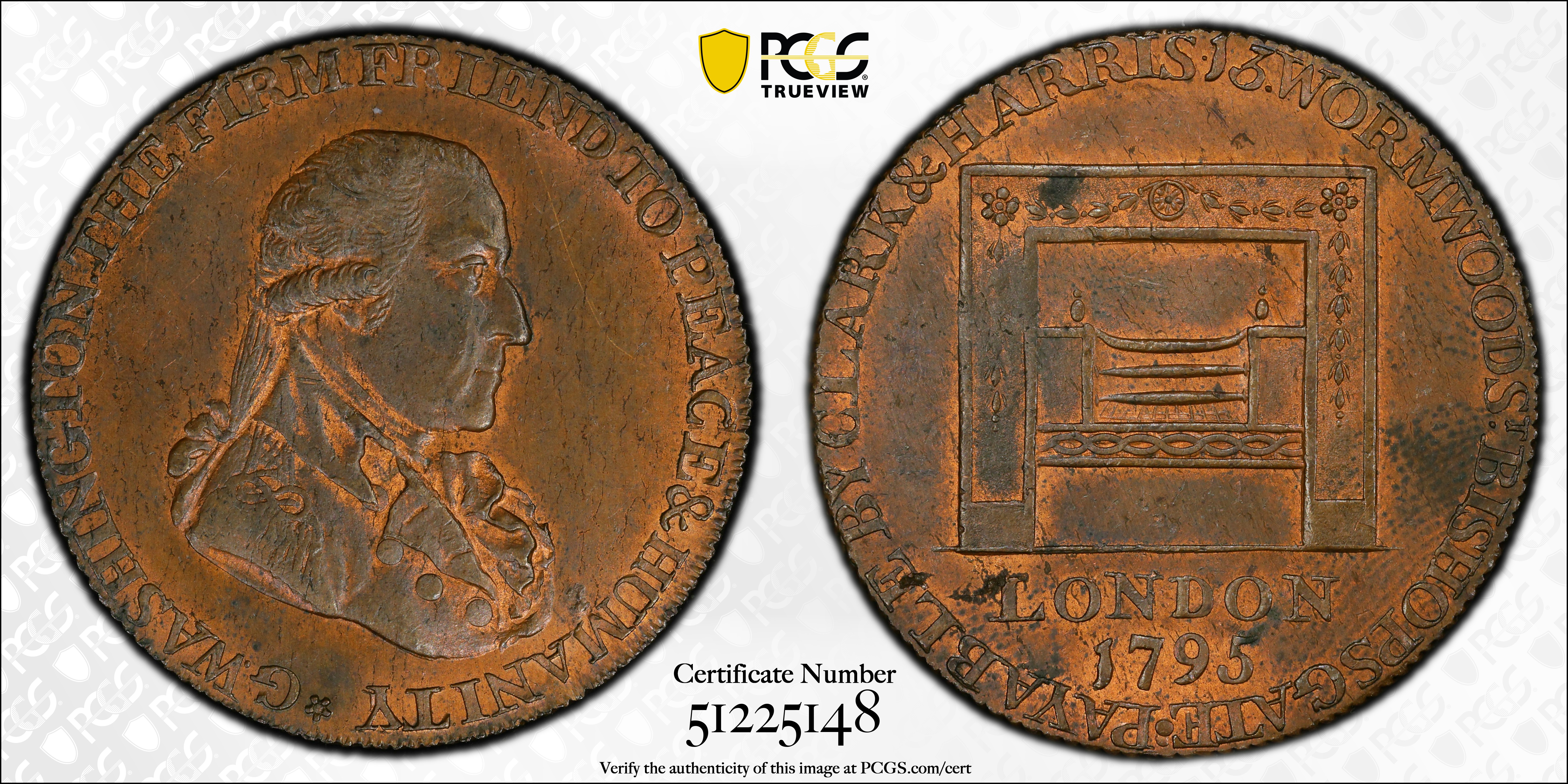 image for: 1795 Washington Grate Halfpenny. Musante GW-49, Baker-29B, W-10955. Large Buttons. Copper. Diagonally Reeded Edge. MS-64 RB (PCGS).