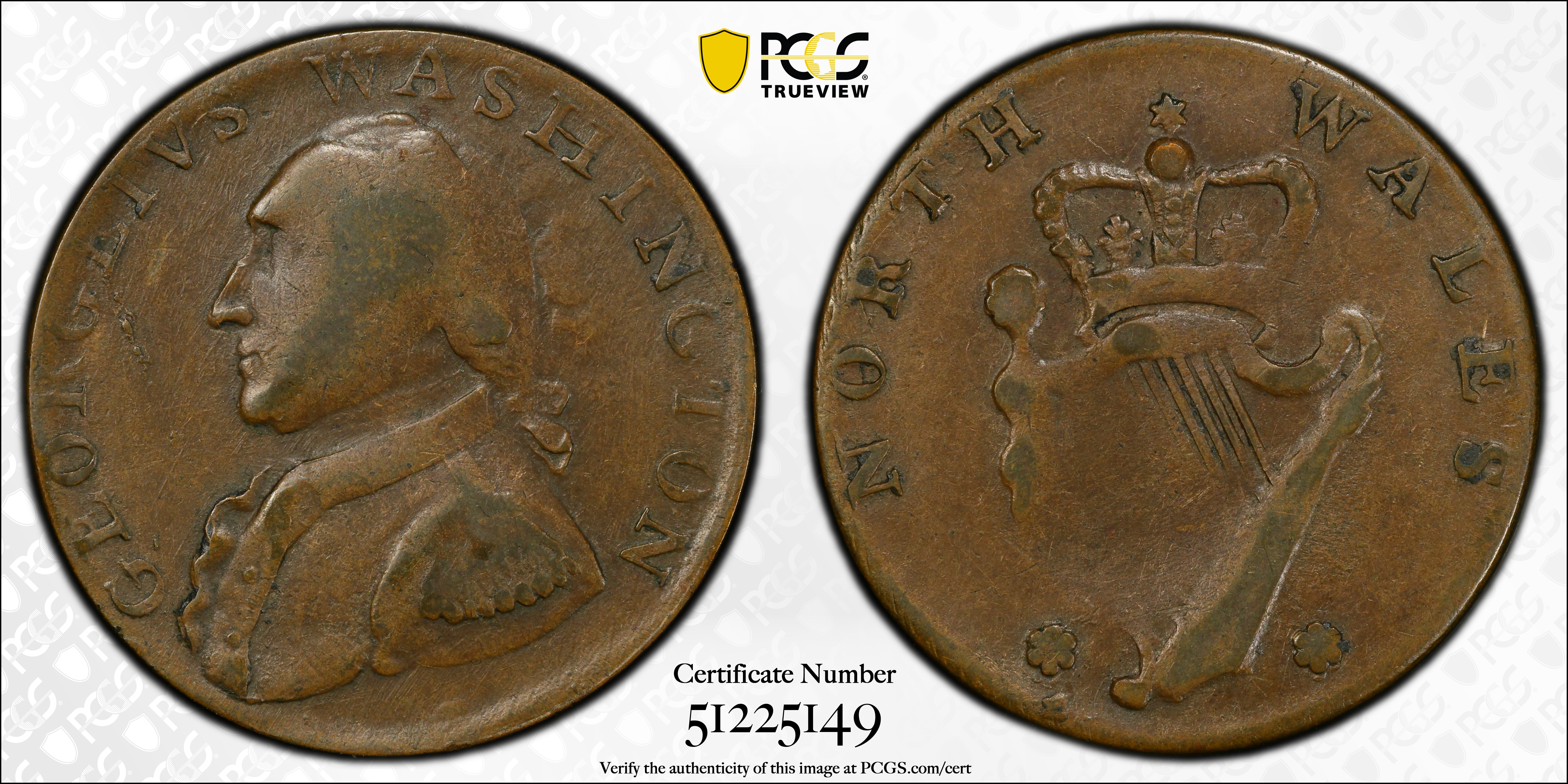 image for: Undated (1795) Washington North Wales Halfpenny. Musante GW-51, Baker-34, W-11150. Two Stars. Copper. Plain Edge. AU-53 (PCGS).