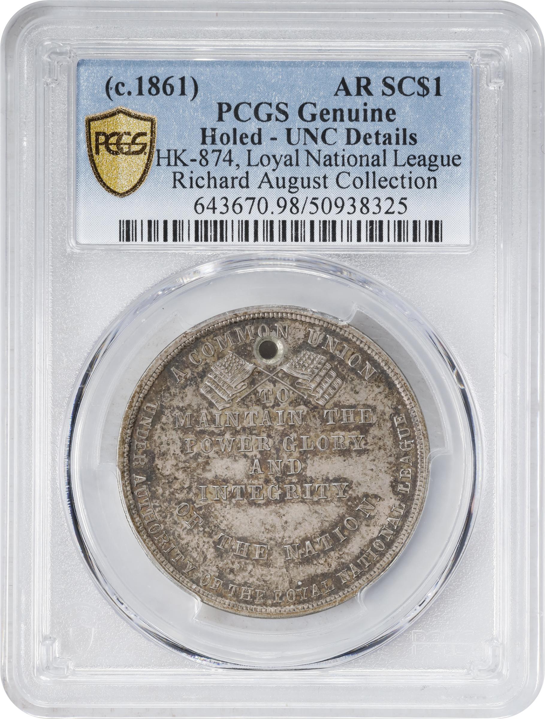 image for: Undated (ca. 1861) Loyal National League Medal. HK-874. Rarity-6. Silver. Unc Details--Holed (PCGS).