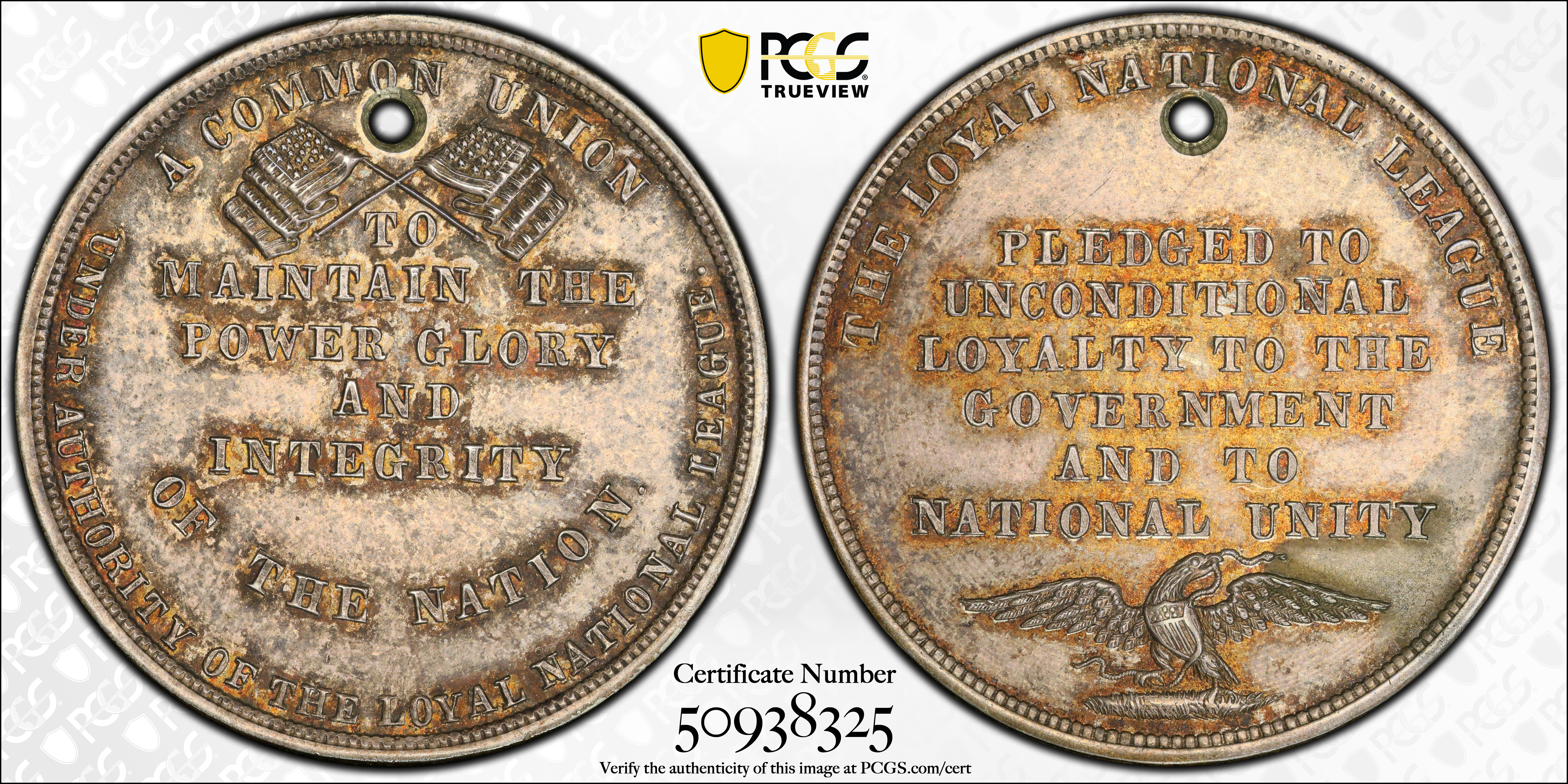 image for: Undated (ca. 1861) Loyal National League Medal. HK-874. Rarity-6. Silver. Unc Details--Holed (PCGS).