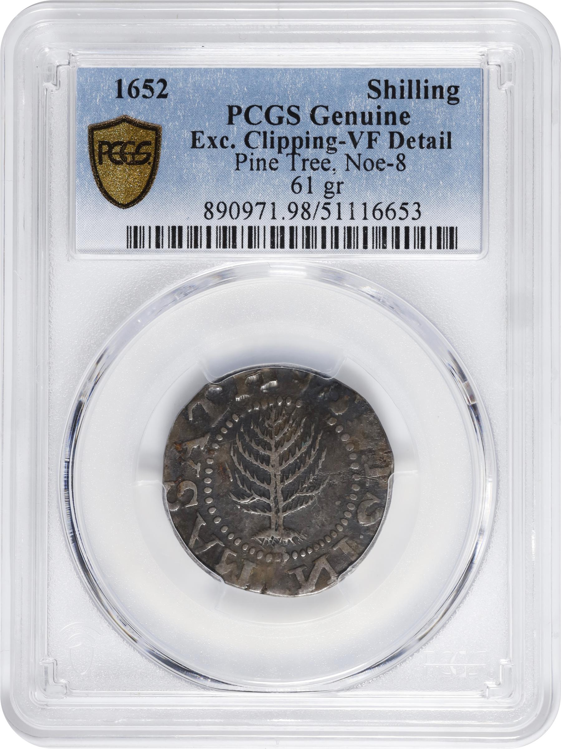 image for: 1652 Pine Tree Shilling. Large Planchet. Noe-8, Salmon 7-E, W-740. Rarity-4. Without Pellets at Trunk, Ligatured NE in Legend. VF Details--Excessively Clipped (PCGS).