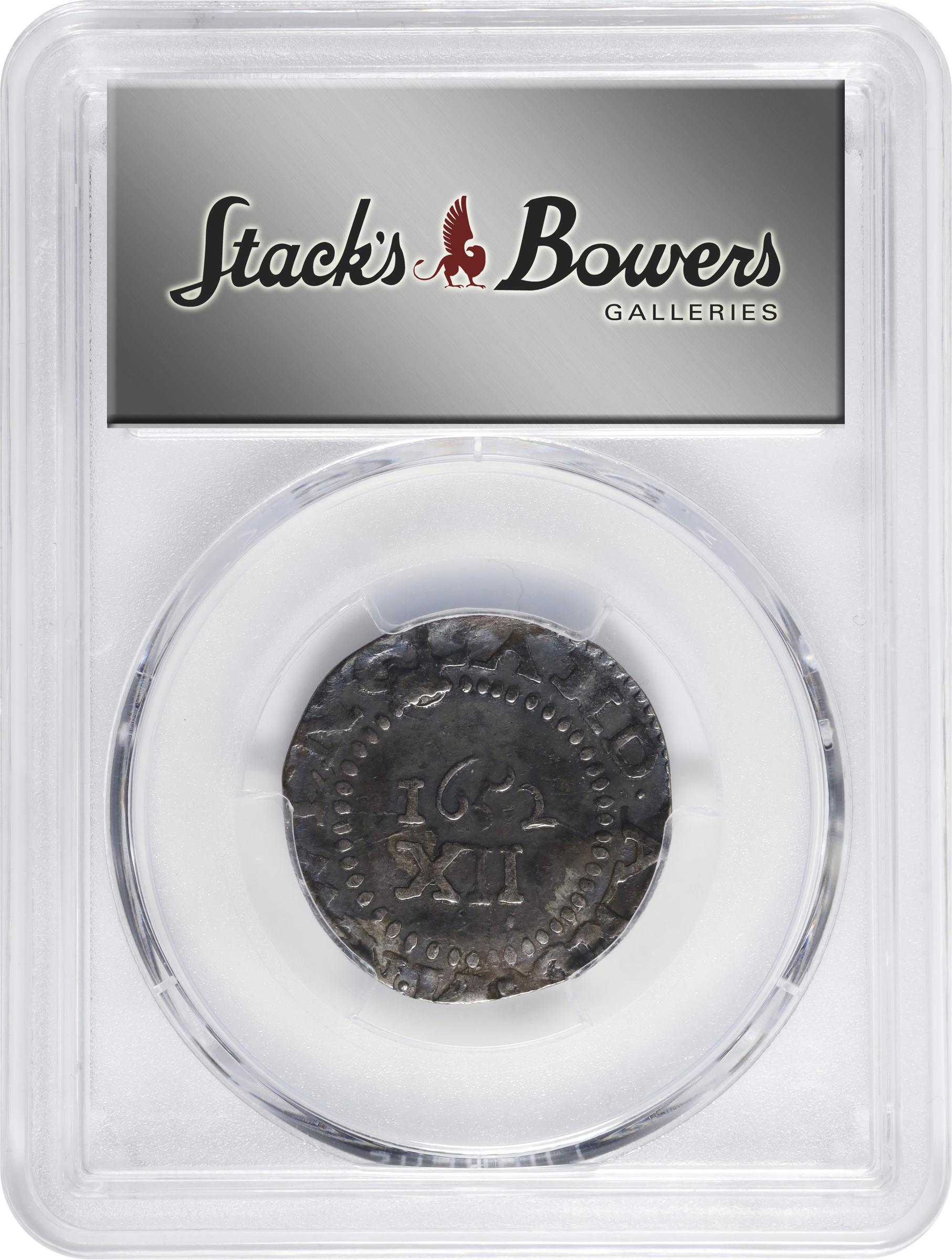 image for: 1652 Pine Tree Shilling. Large Planchet. Noe-8, Salmon 7-E, W-740. Rarity-4. Without Pellets at Trunk, Ligatured NE in Legend. VF Details--Excessively Clipped (PCGS).