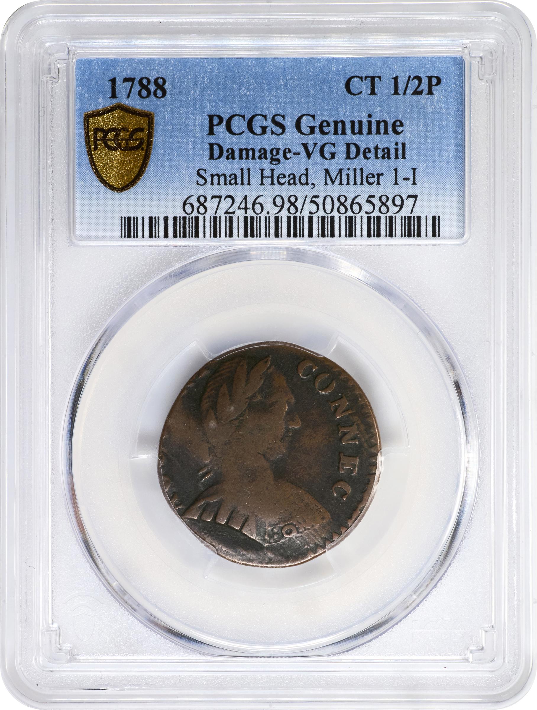 image for: 1788 Vermont Copper. RR-39, Bressett 25-U, Miller 1-I, W-2265 and W-4400. Rarity-5-. Mailed Bust Right, Small Head, Vermont Reverse. VG Details--Damage (PCGS).