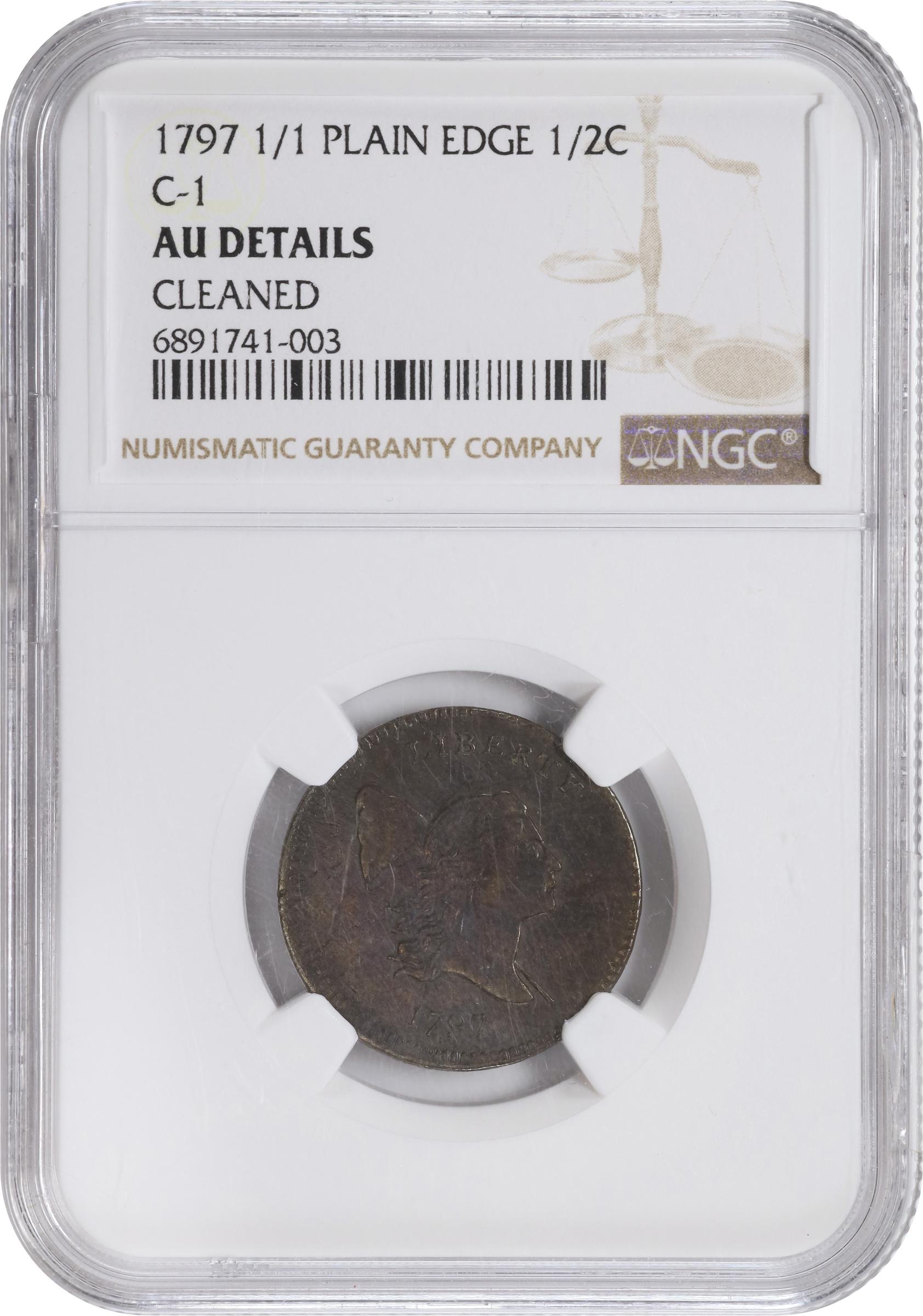 image for: 1797 Liberty Cap Half Cent. C-1. Rarity-2. 1 Above 1, Plain Edge. AU Details--Cleaned (NGC).
