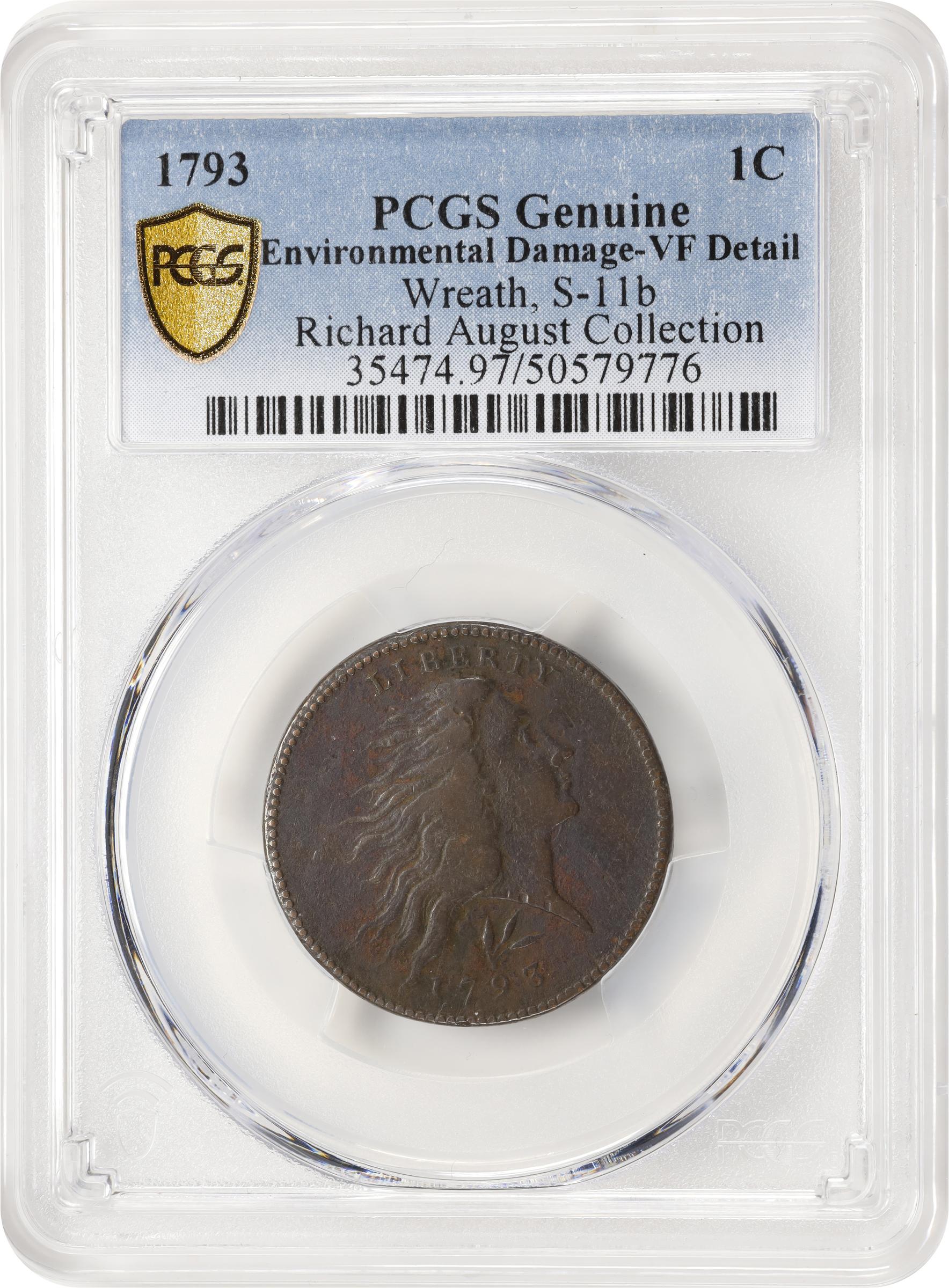 image for: 1793 Flowing Hair Cent. Wreath Reverse. S-11b, B-16b. Rarity-4. Lettered Edge. VF Details--Environmental Damage (PCGS).