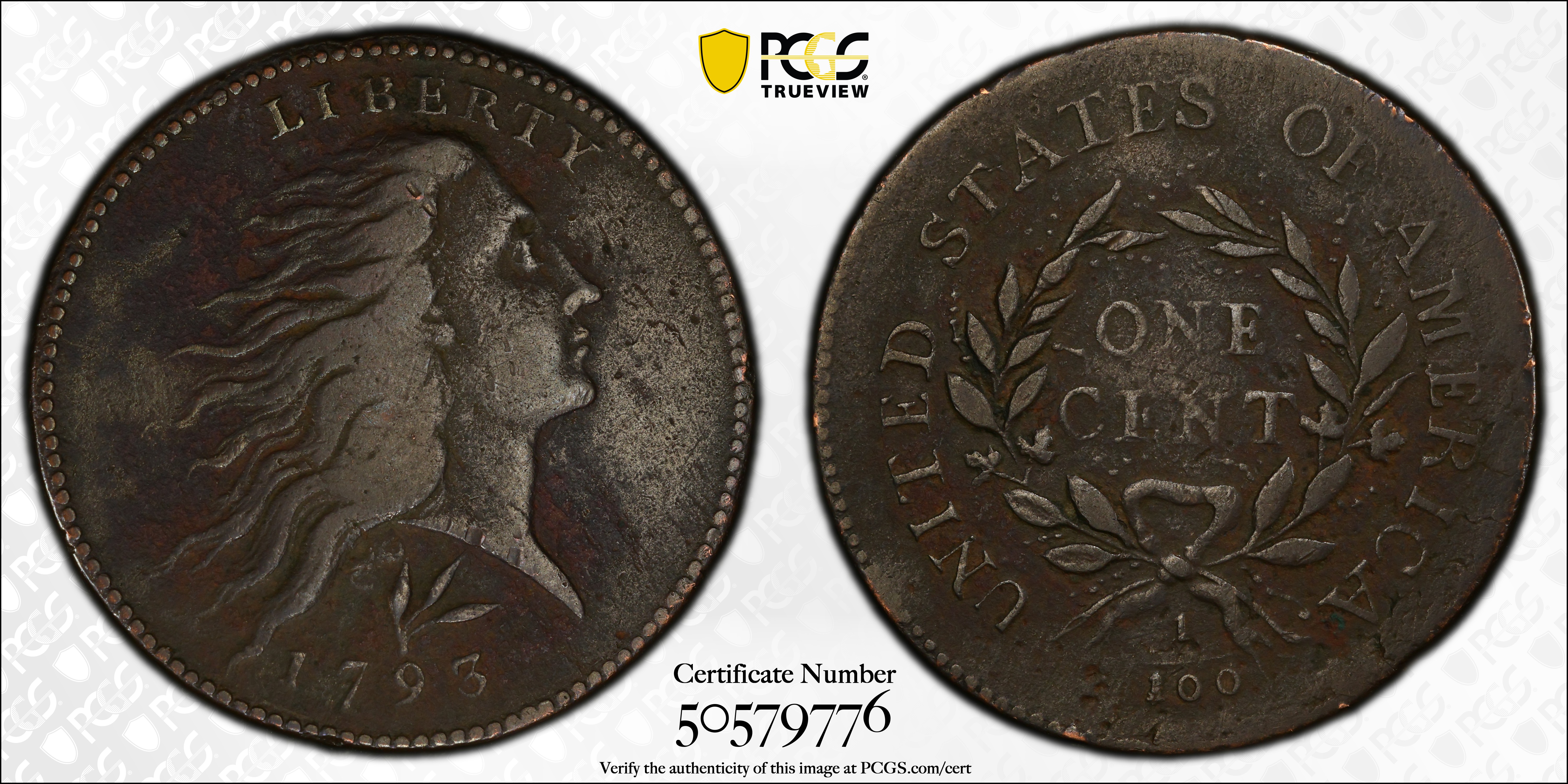 image for: 1793 Flowing Hair Cent. Wreath Reverse. S-11b, B-16b. Rarity-4. Lettered Edge. VF Details--Environmental Damage (PCGS).