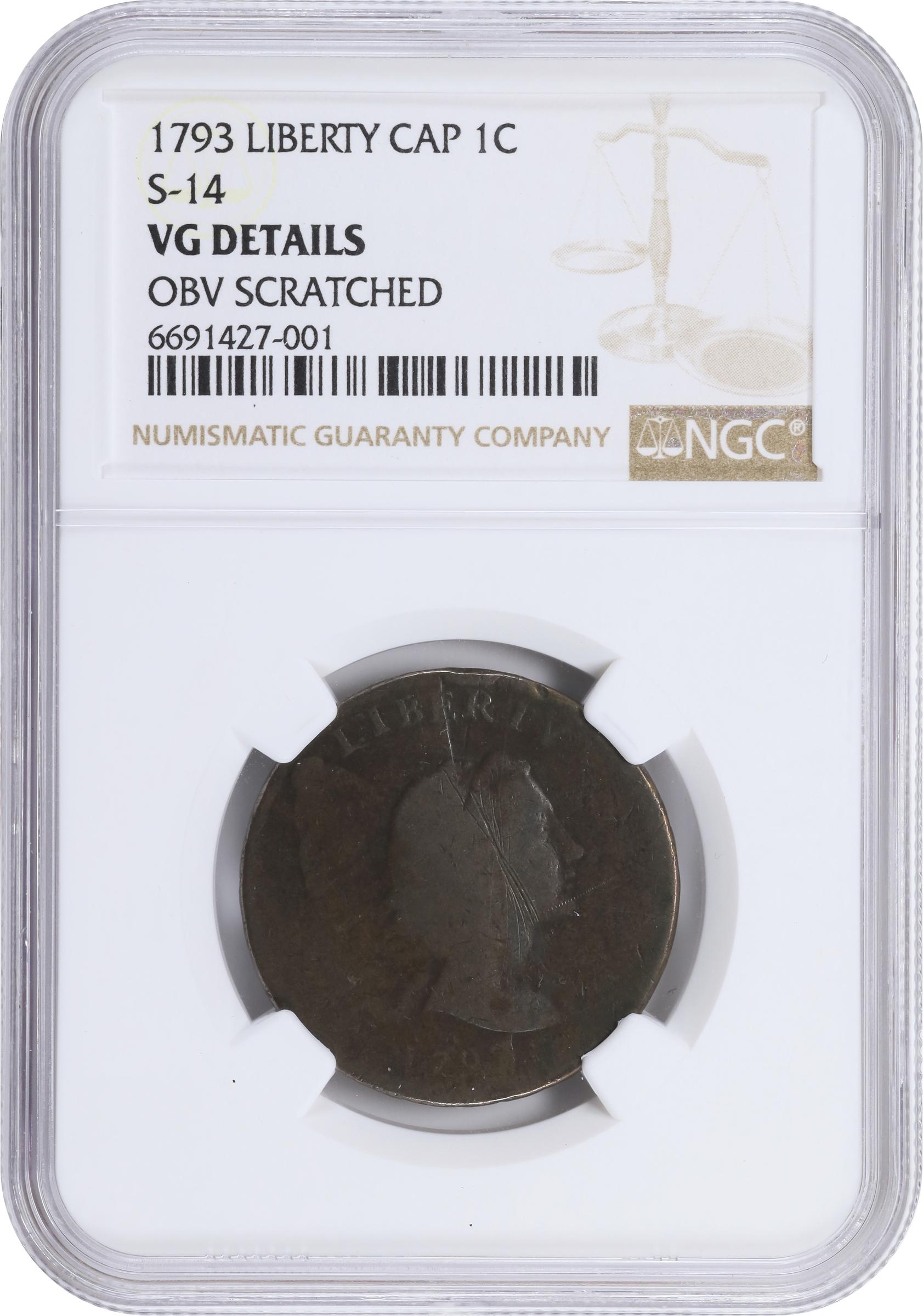 image for: 1793 Liberty Cap Cent. S-14, B-17. Rarity-5-. VG Details--Obverse Scratched (NGC).