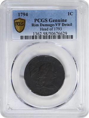 image for: 1794 Liberty Cap Cent. S-18b, B-2b. Rarity-4-. Head of 1793, Double Chin. VF Details--Rim Damage (PCGS).