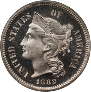 image for: 1882 Nickel Three-Cent Piece. JD-1. Rarity-1. Proof-66 Deep Cameo (CACG).