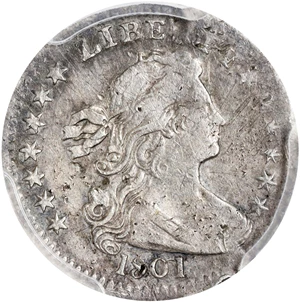 image for: 1801 Draped Bust Half Dime. LM-2, V-1, 2. Rarity-4. VF Details--Damage (PCGS).