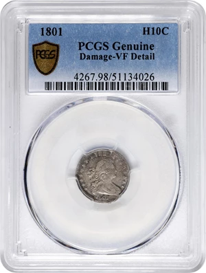 image for: 1801 Draped Bust Half Dime. LM-2, V-1, 2. Rarity-4. VF Details--Damage (PCGS).