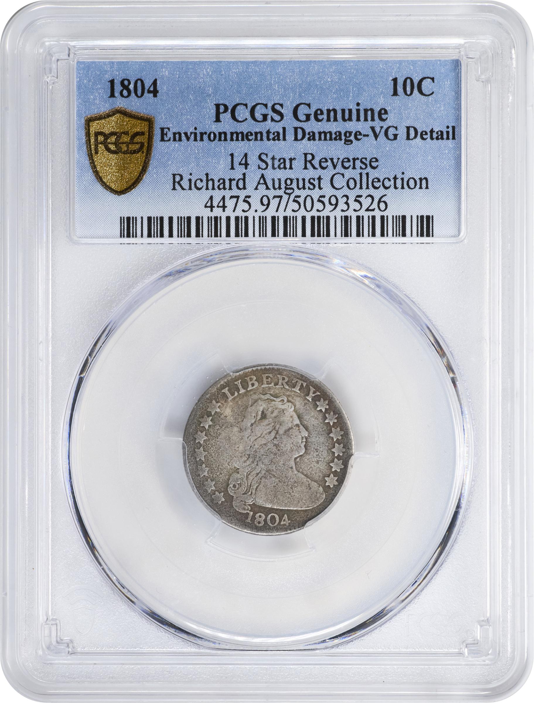 image for: 1804 Draped Bust Dime. JR-2. Rarity-5. 14 Stars on Reverse. VG Details--Environmental Damage (PCGS).