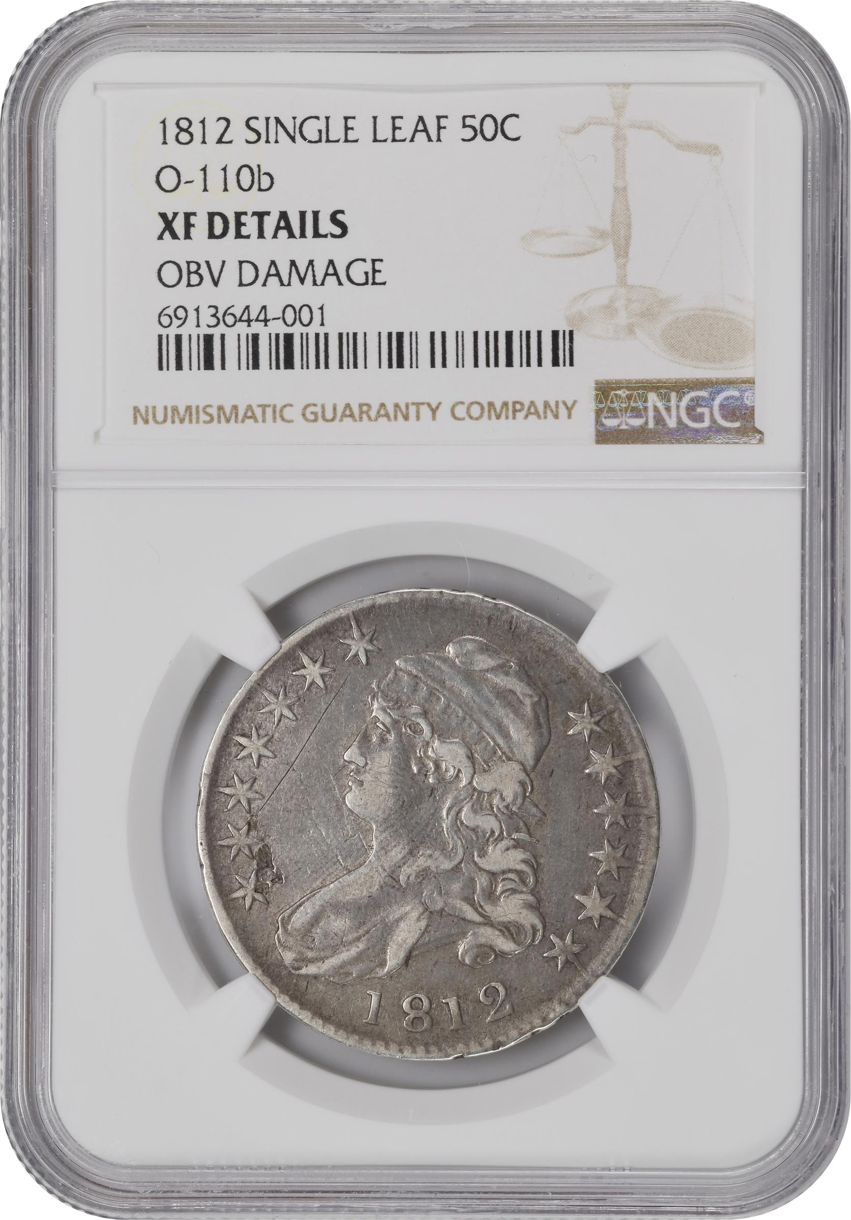 image for: 1812 Capped Bust Half Dollar. O-110b. Rarity-6. Single Leaf Below Wing. EF Details--Obverse Damage (NGC).