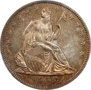 image for: 1858 Liberty Seated Half Dollar. Proof Details--Questionable Toning CACG).