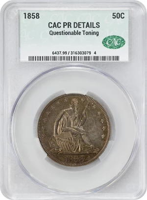 image for: 1858 Liberty Seated Half Dollar. Proof Details--Questionable Toning CACG).